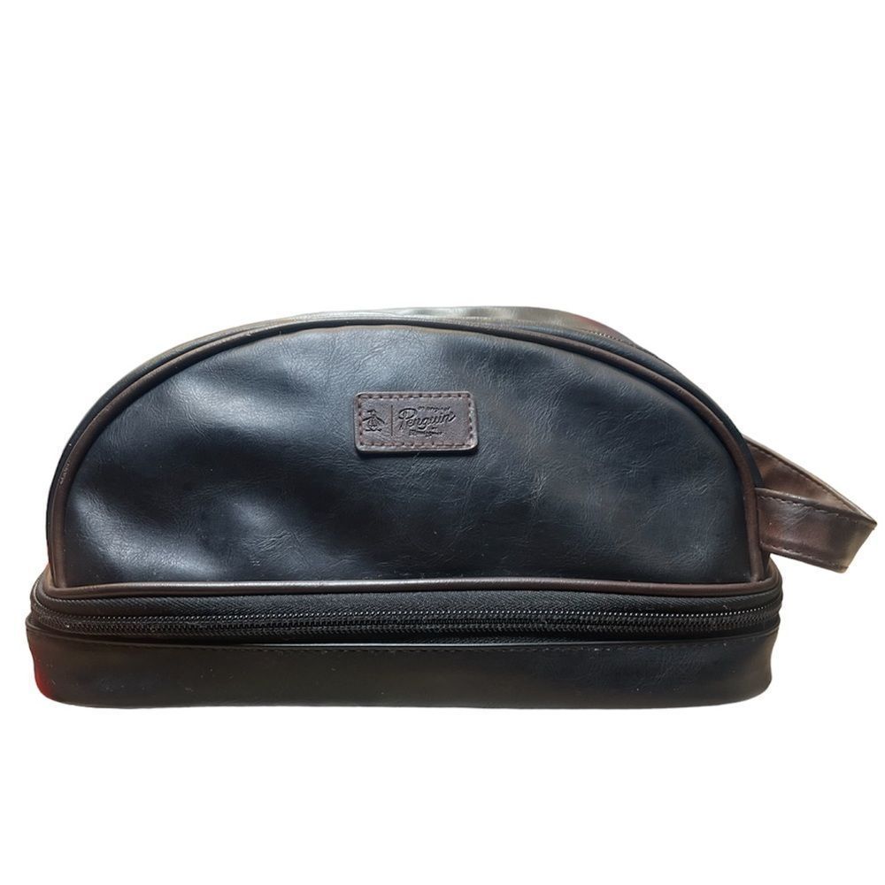 Original Penguin Men's Black Travel Shave Kit Toiletry Bag Leather Dopp